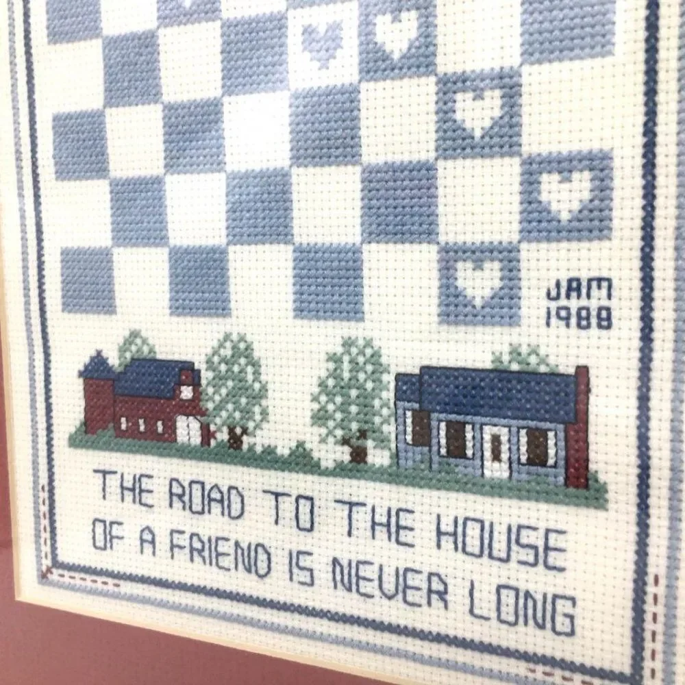 Vintage 1988 Handmade Friend Checkerboard Finished Cross Stitch Framed & Matted
